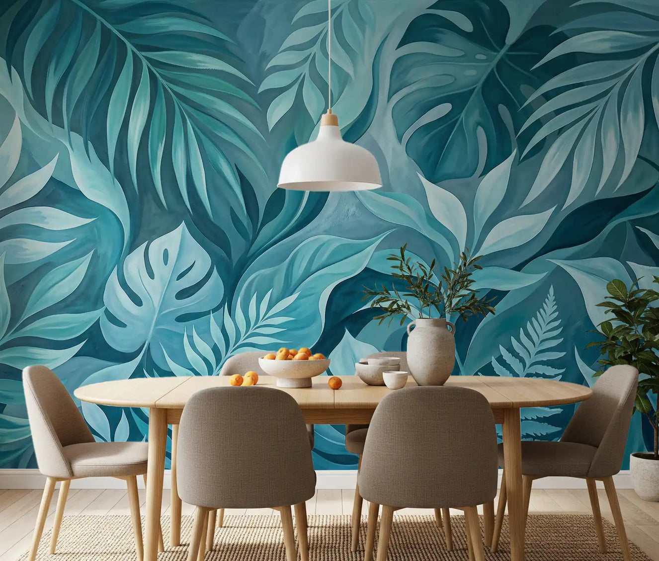 Dining room teal tropical canopy wall mural painted blue-green leaf scene