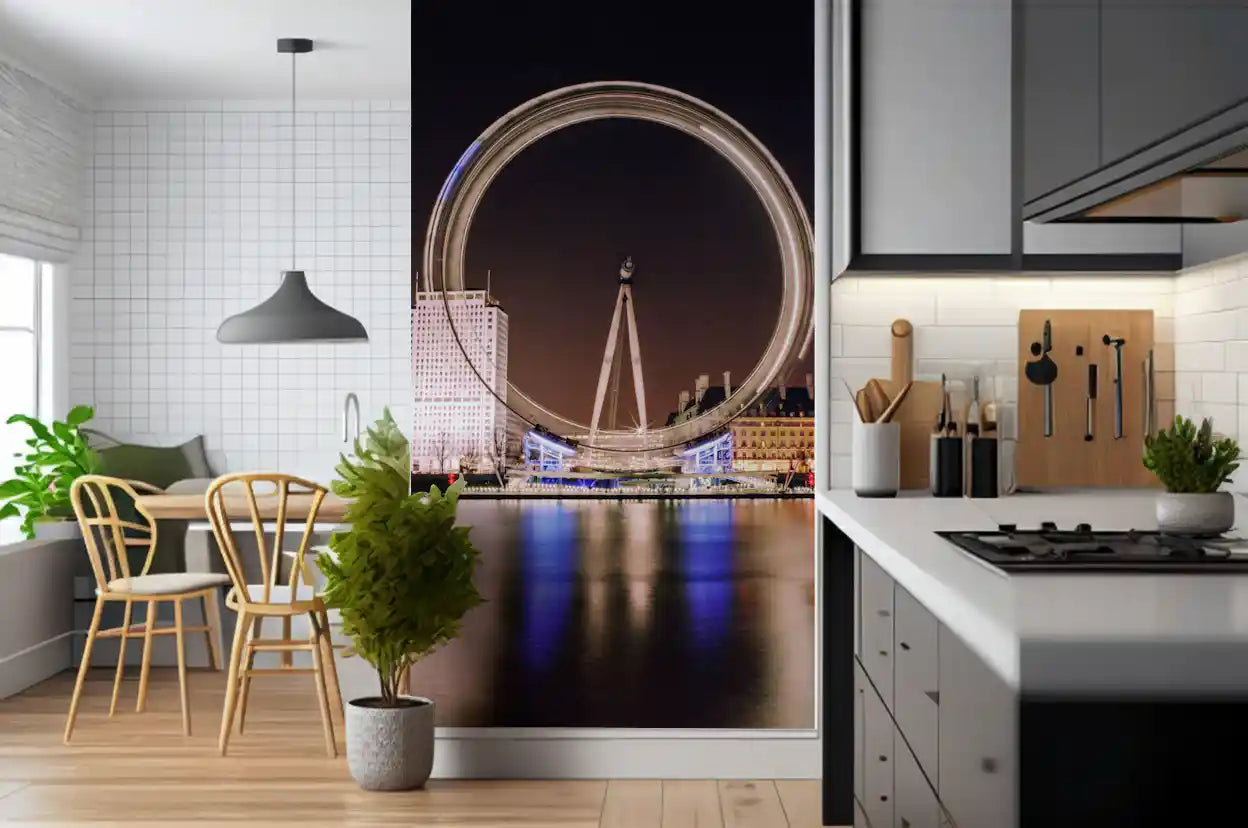 Illuminated London Eye wheel against dark sky in nighttime wall mural, GD9704