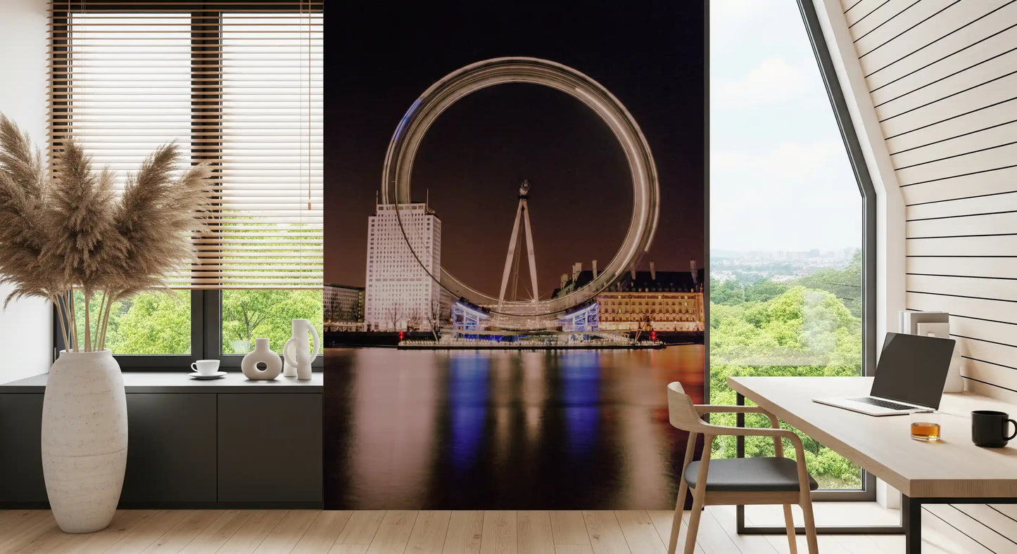 Workplace area with London Eye night wall mural glowing ring river reflection, GD9704