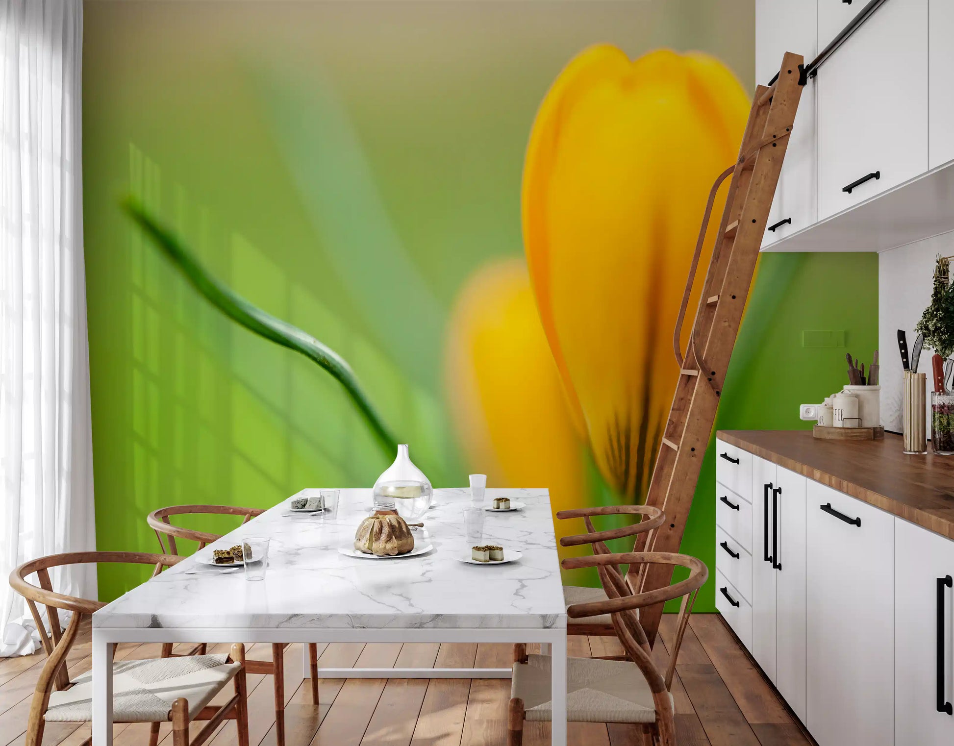 Golden Crocus wall mural set in an open kitchen-dining space