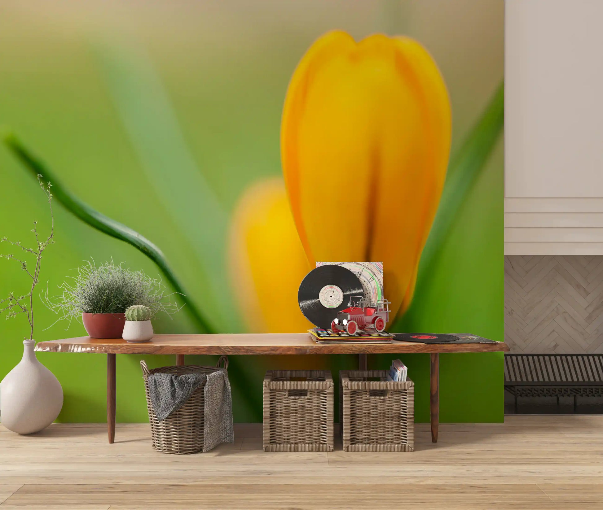 Spring yellow crocus wall mural installed in an hallway space