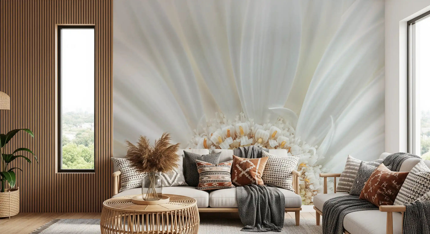 Detailed botanical bloom in white petal radiance wall mural minimal palette