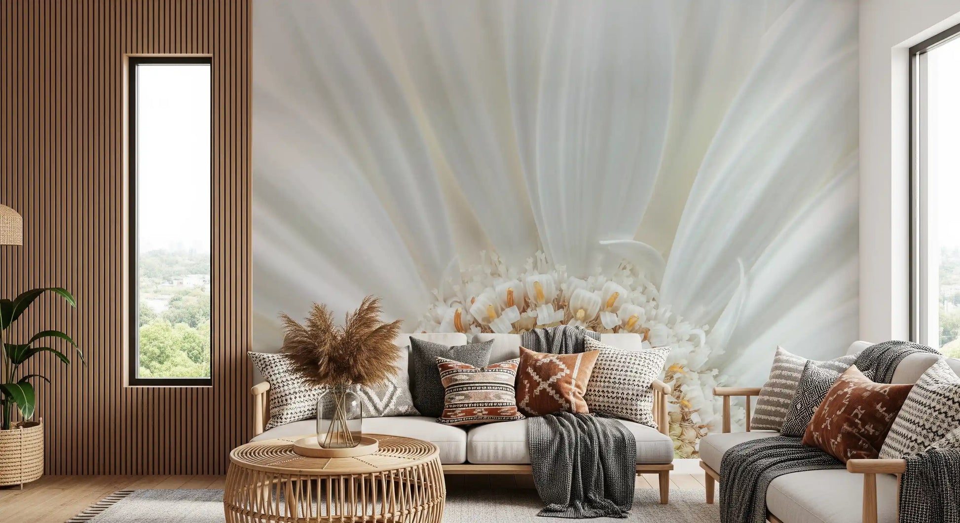 Detailed botanical bloom in white petal radiance wall mural minimal palette