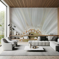 Lounge with soft white flower wall mural petal radiance bloom detail