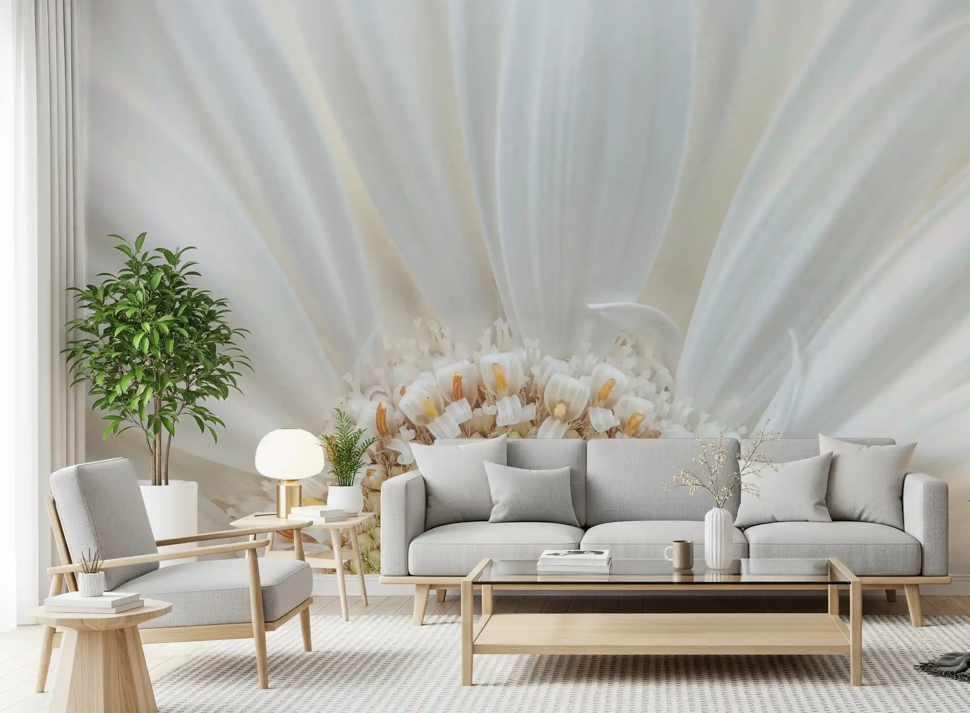 Living room with white petal radiance wall mural soft cream bloom detail