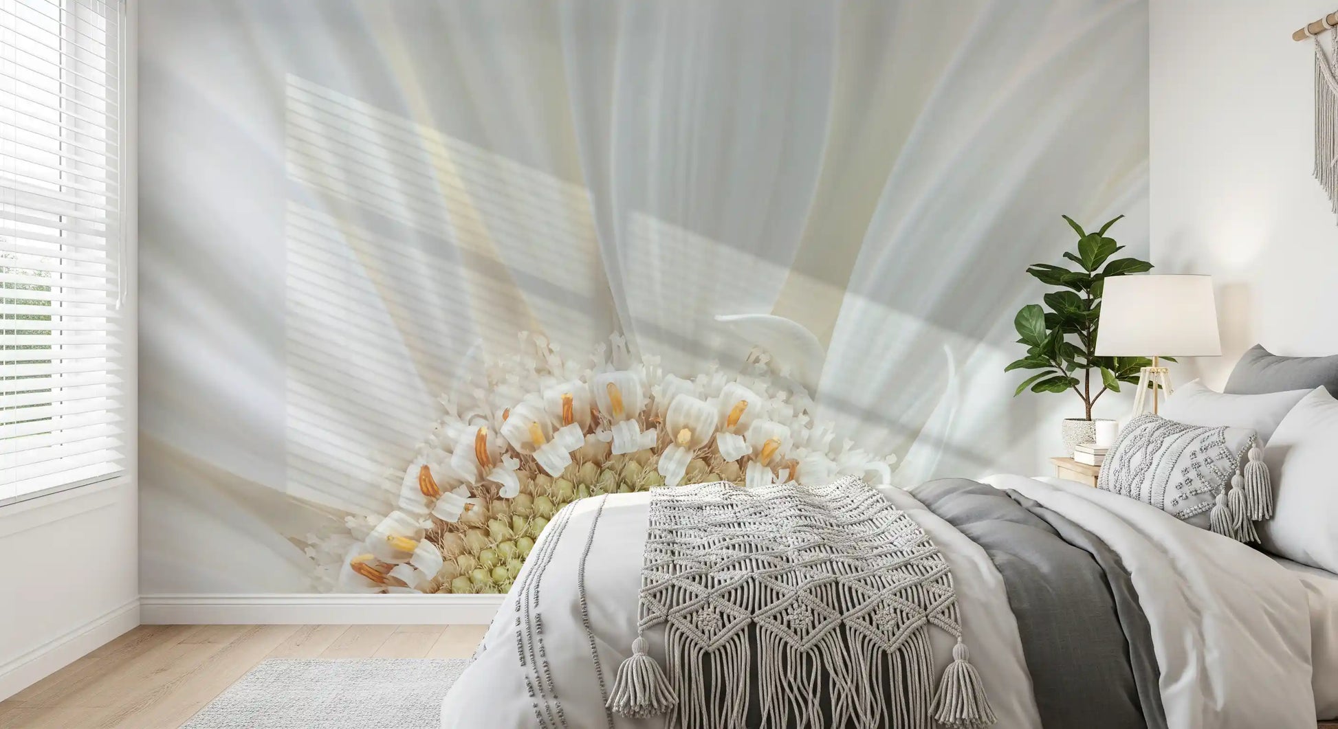 Bedroom white petal radiance wall mural pale golden centre floral scene