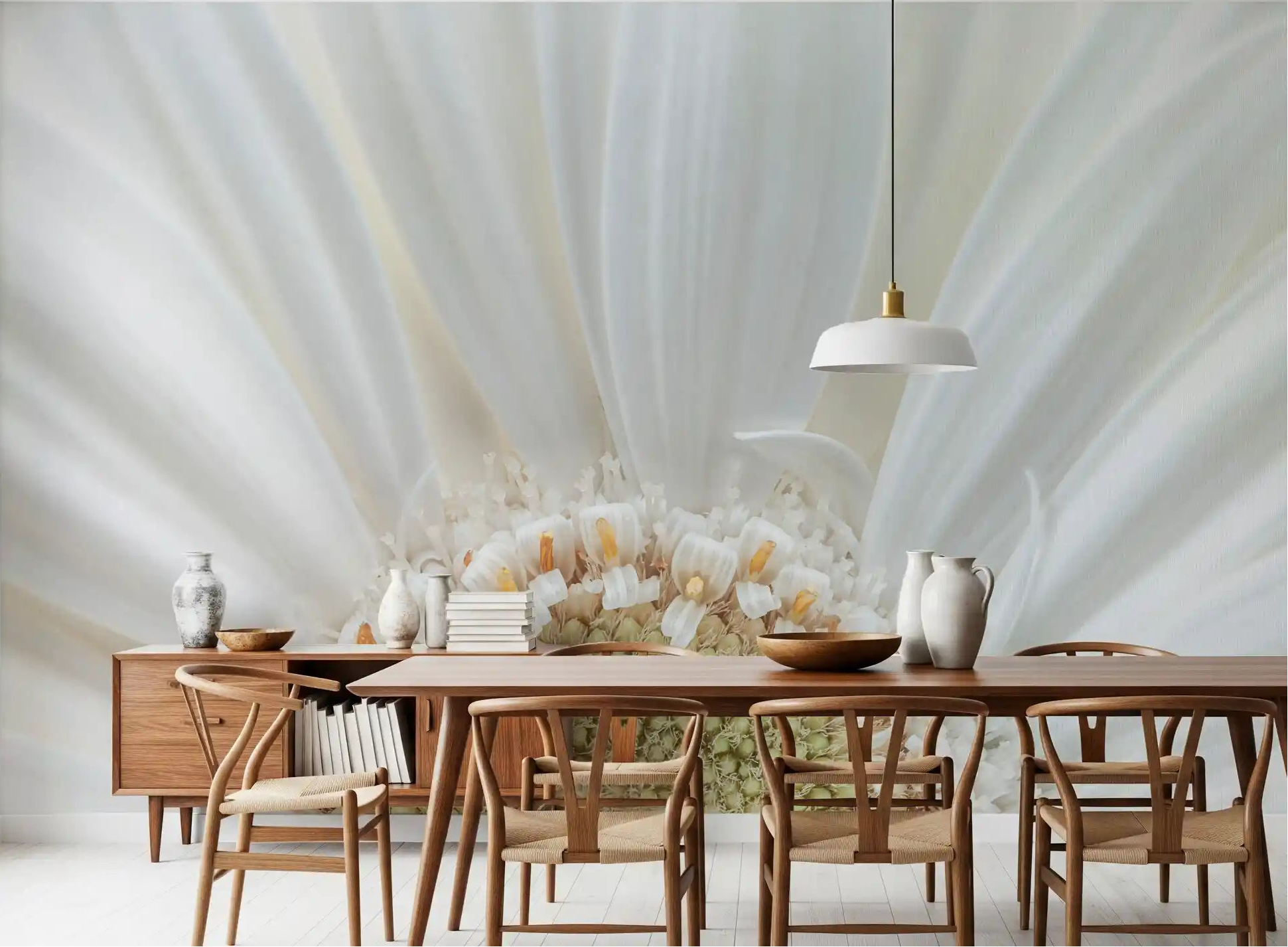 Dining room white petal radiance wall mural soft floral backdrop, GD9706