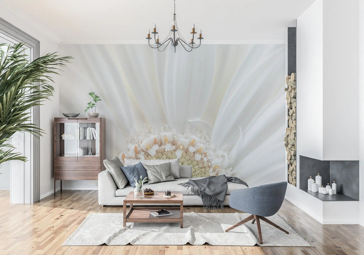 Living room white petal radiance wall mural minimal floral backdrop