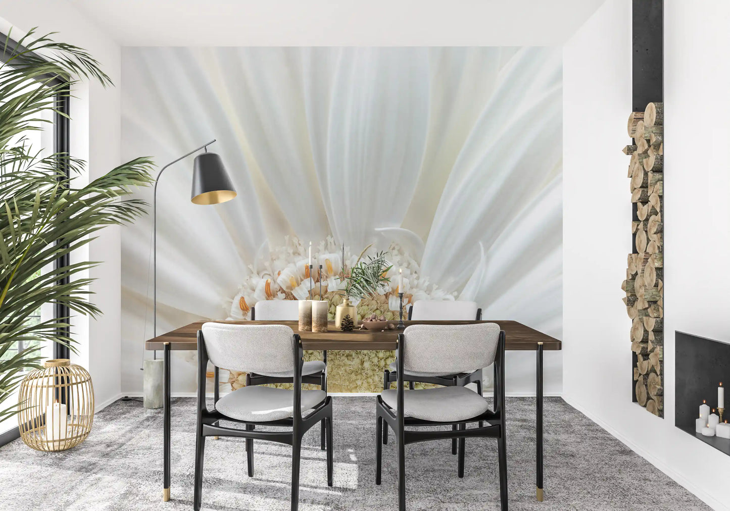 Dining room white petal radiance wall mural soft botanical floral scene 
