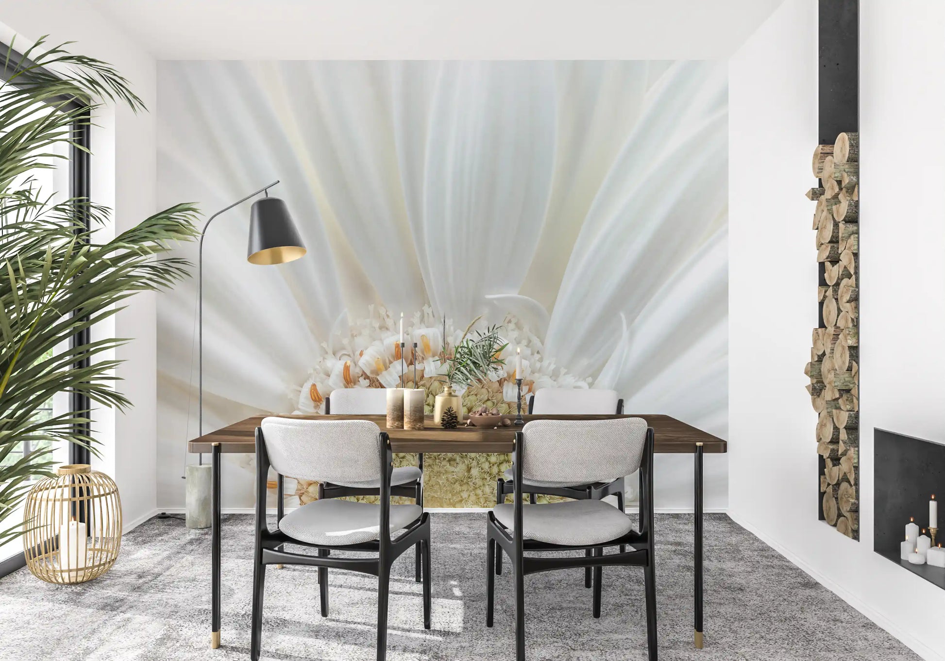 Dining room white petal radiance wall mural soft botanical floral scene 
