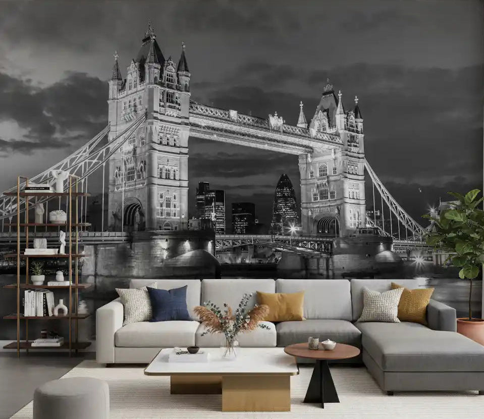 Tower Bridge Glow wall mural set in a bright living room