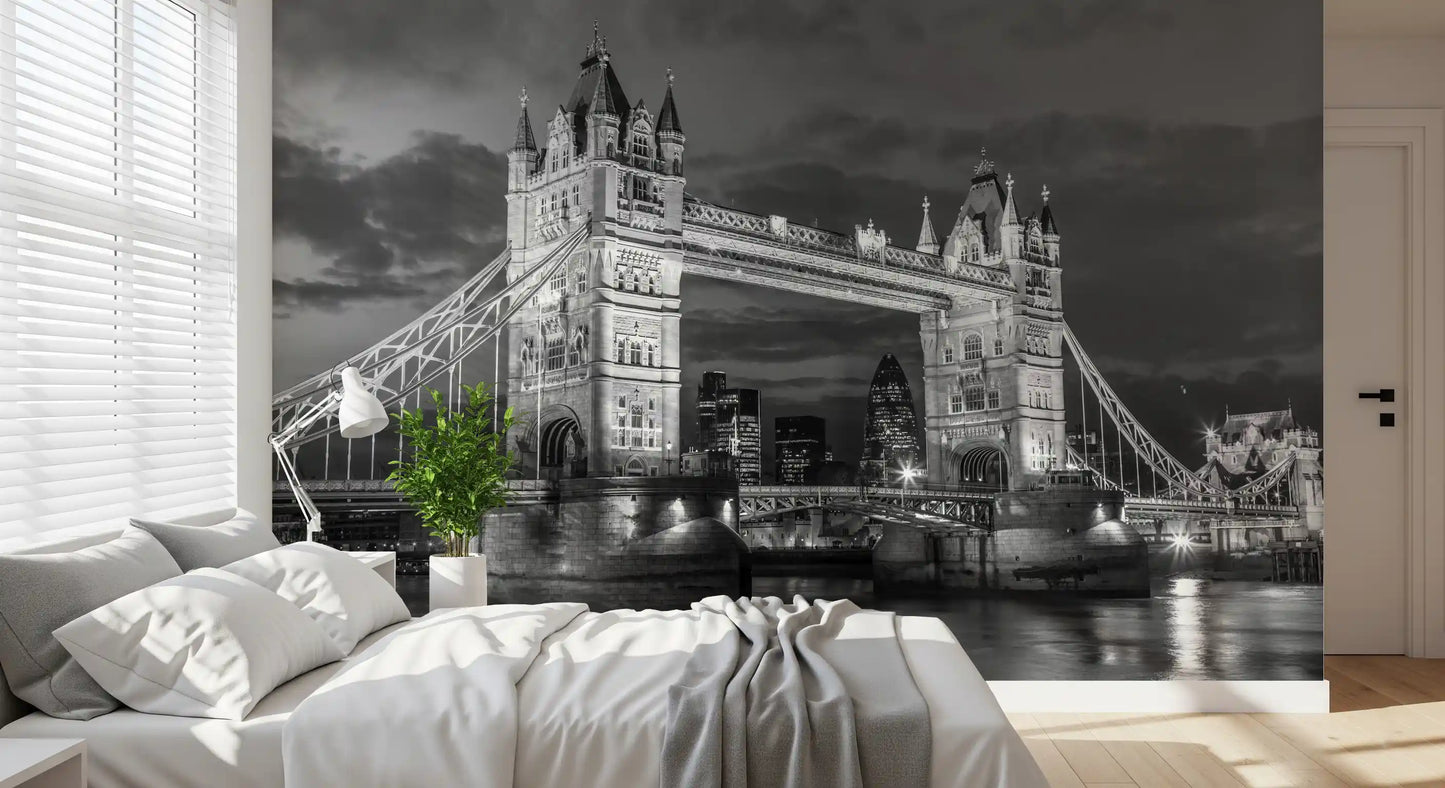 Monochrome London Tower Bridge wall mural placed in a bedroom, GD9707