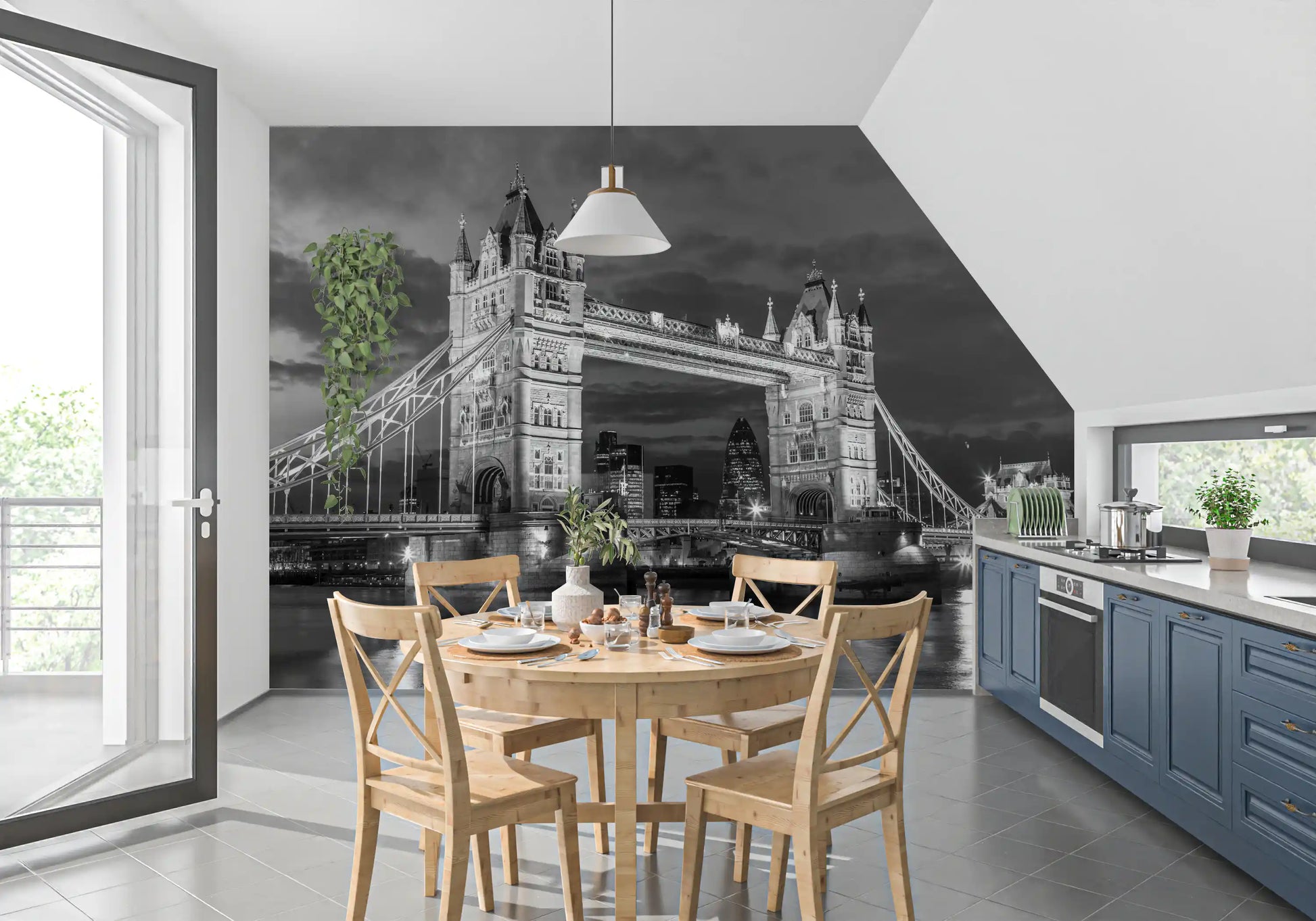 Tower Bridge Glow wall mural in black and white with city lights, GD9707