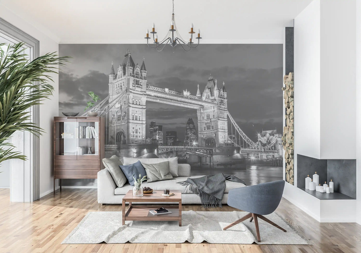 Black and white Tower Bridge wall mural in a bright Living room, GD9707