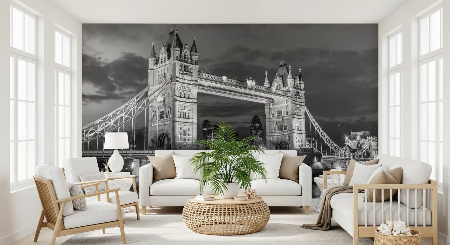 Monochrome Tower Bridge wall mural displayed in a calm hallway, GD9707