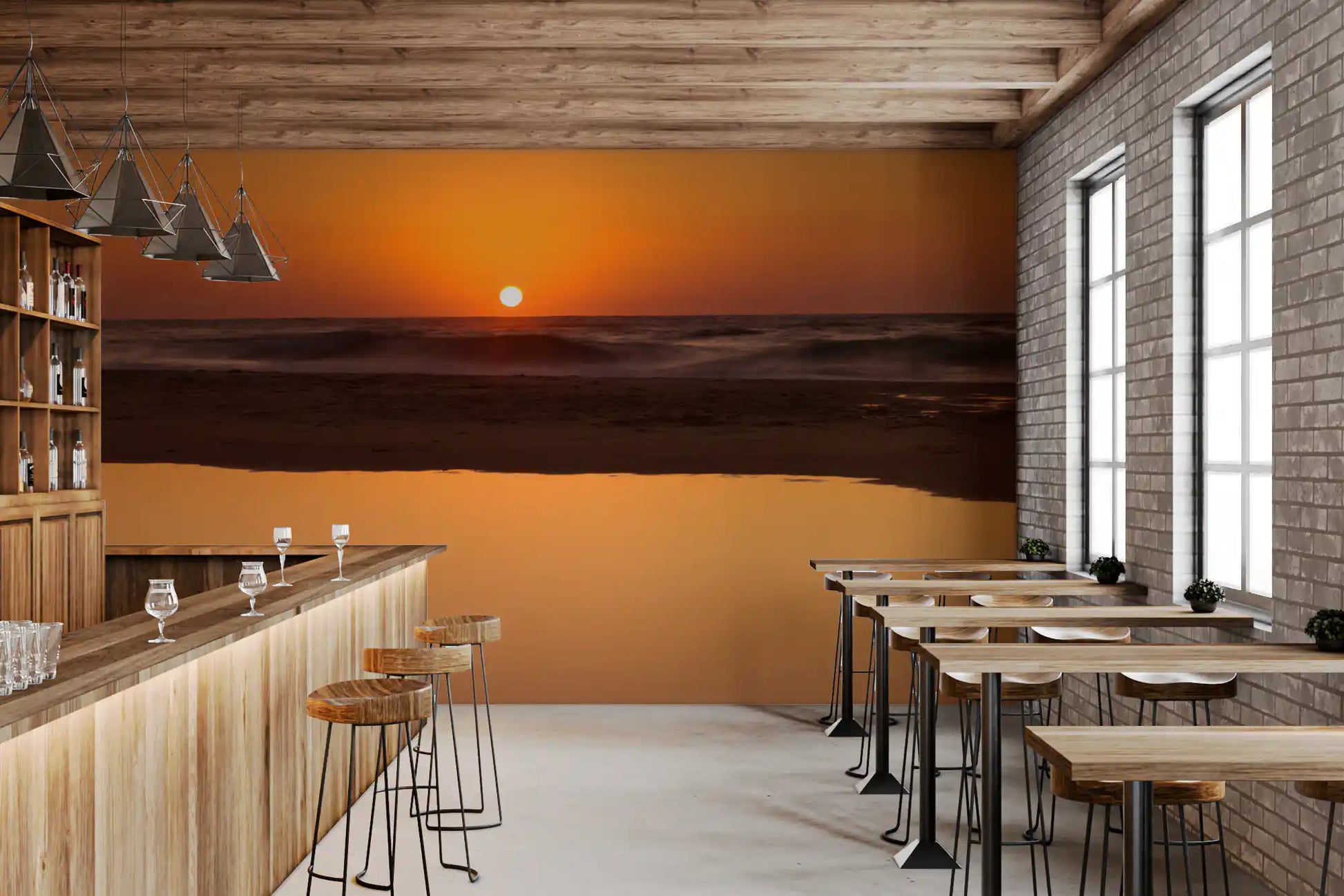 Café Dining Area with golden horizon sunset wall mural warm beach backdrop, GD9708