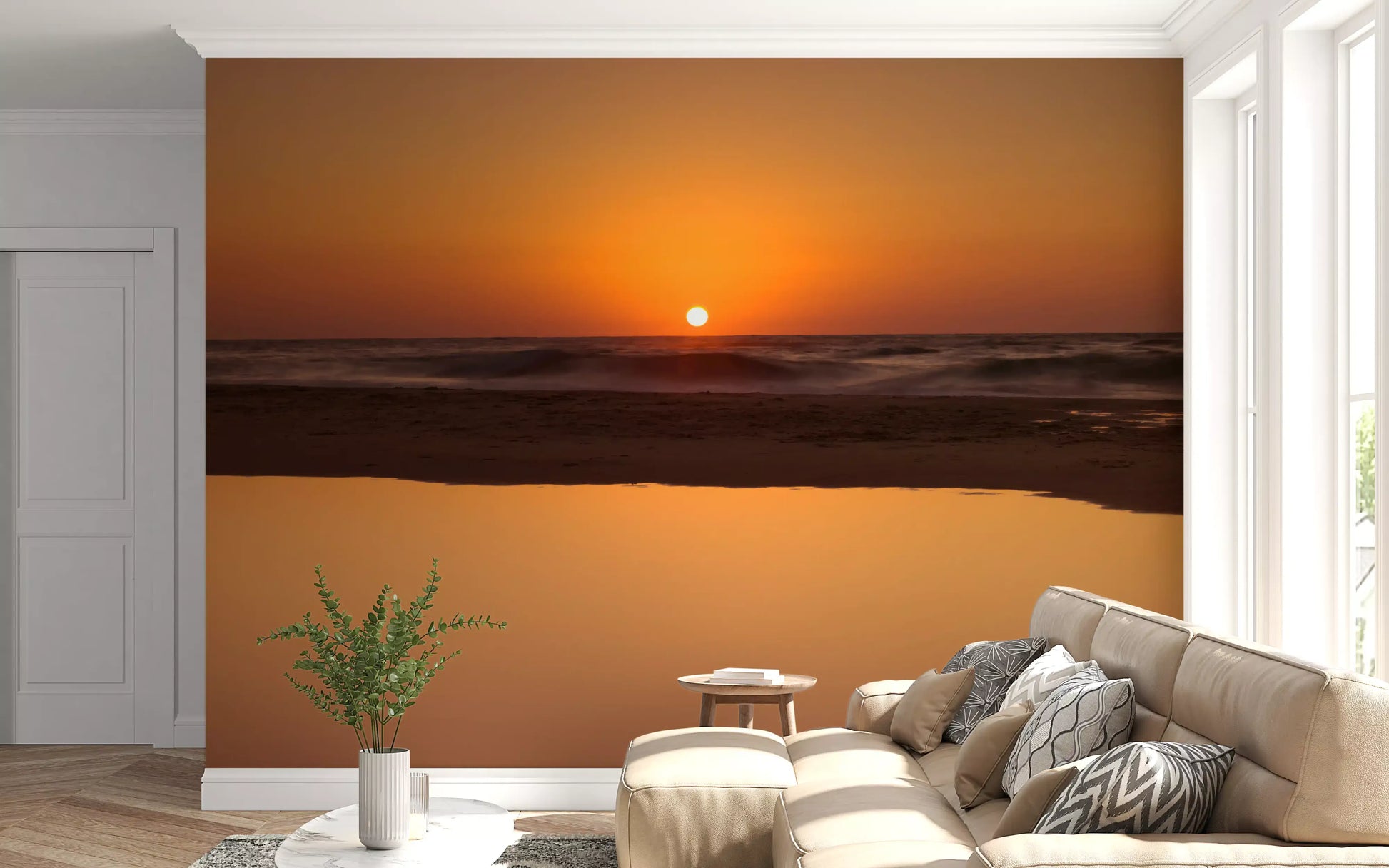 Golden ocean horizon wall mural glowing sun at waterline orange sky, GD9708