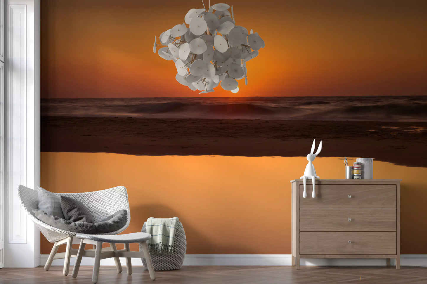 Bright golden ocean horizon wall mural in an open plan living area, GD9708
