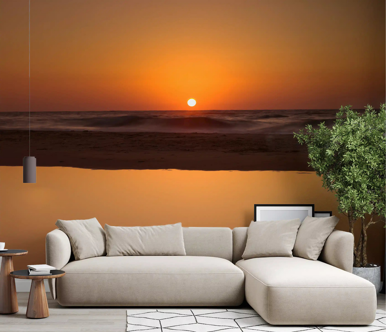 Living room golden ocean horizon wall mural warm amber sunset scene