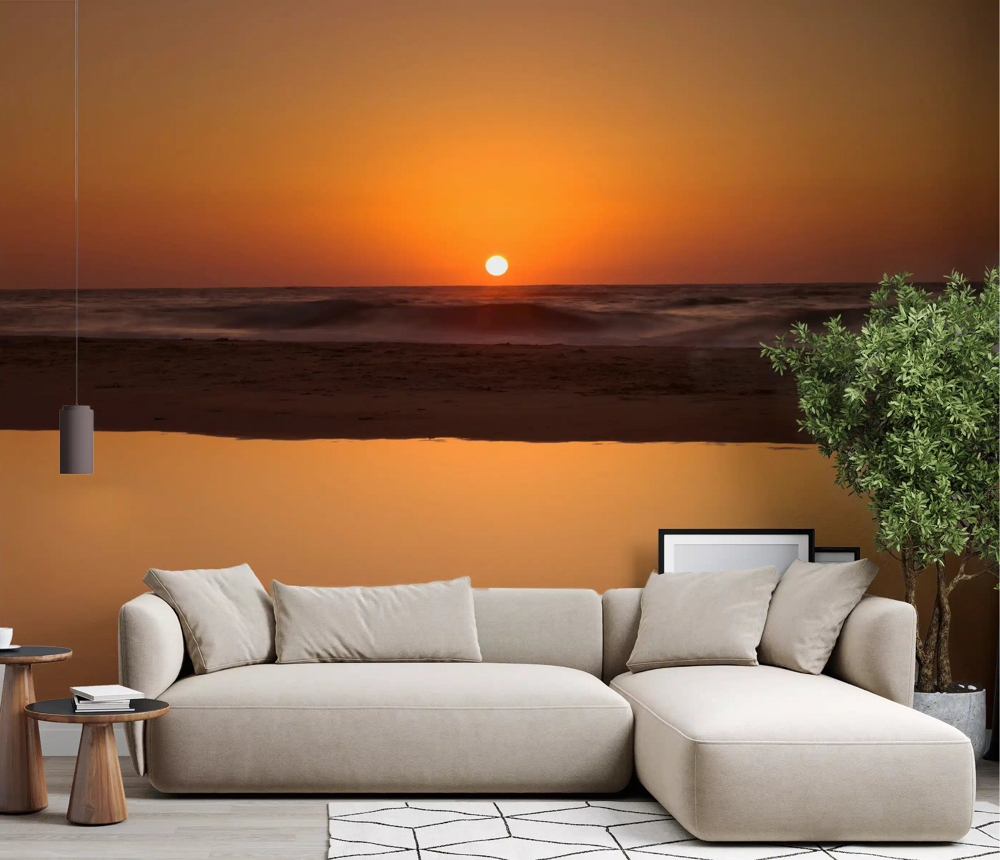 Living room golden ocean horizon wall mural warm amber sunset scene, GD9708