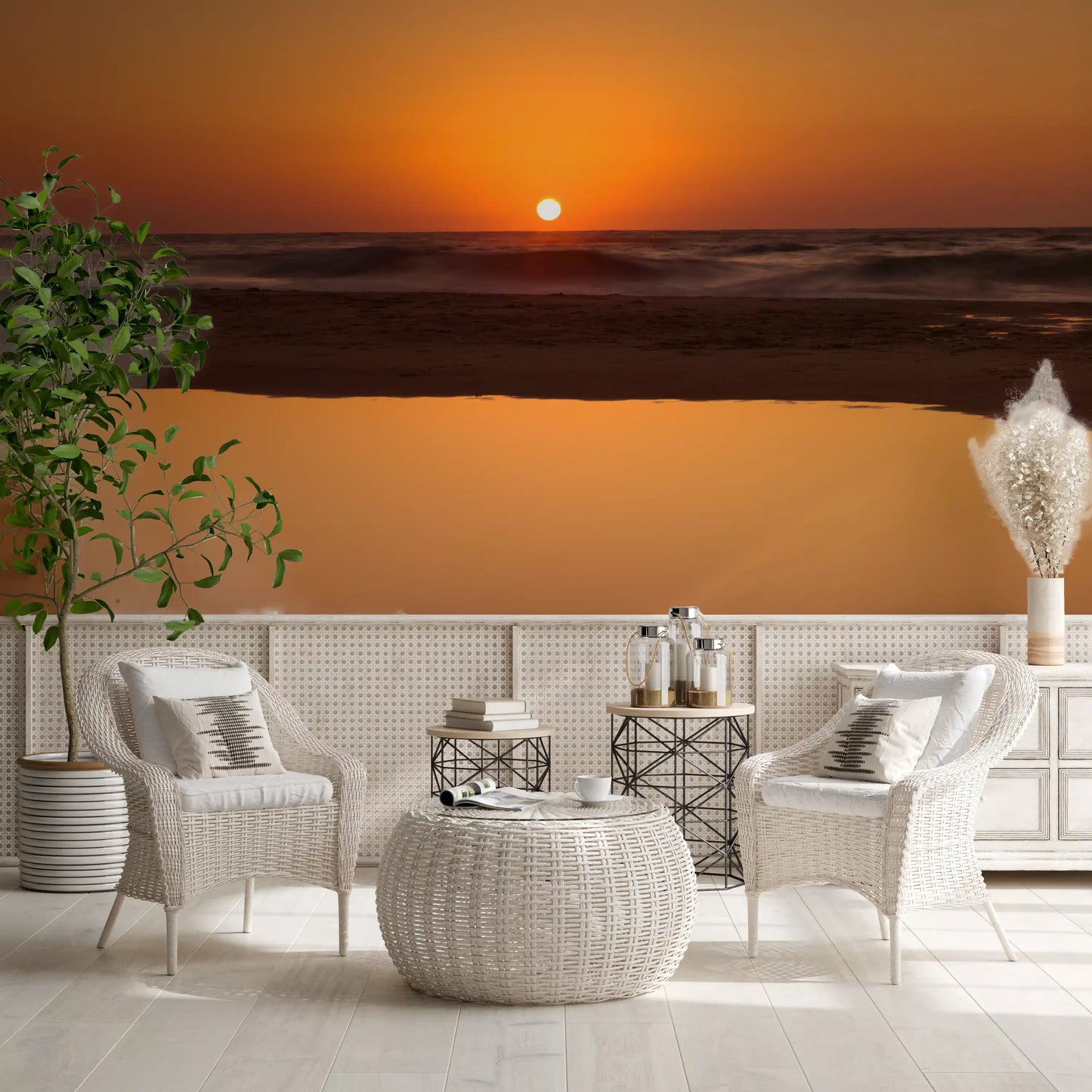 Dining room view of golden ocean horizon wall mural amber sunset backdrop, GD9708