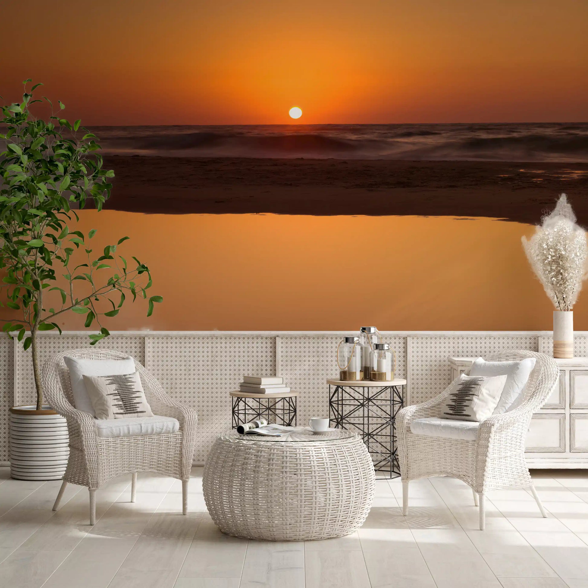 Dining room view of golden ocean horizon wall mural amber sunset backdrop, GD9708