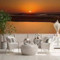 Dining room view of golden ocean horizon wall mural amber sunset backdrop, GD9708