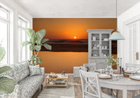 Open plan kitchen dining area golden ocean horizon wall mural orange sunset glow, GD9708