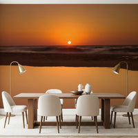 Warm amber sunset beach scene in golden ocean horizon wall mural, GD9708