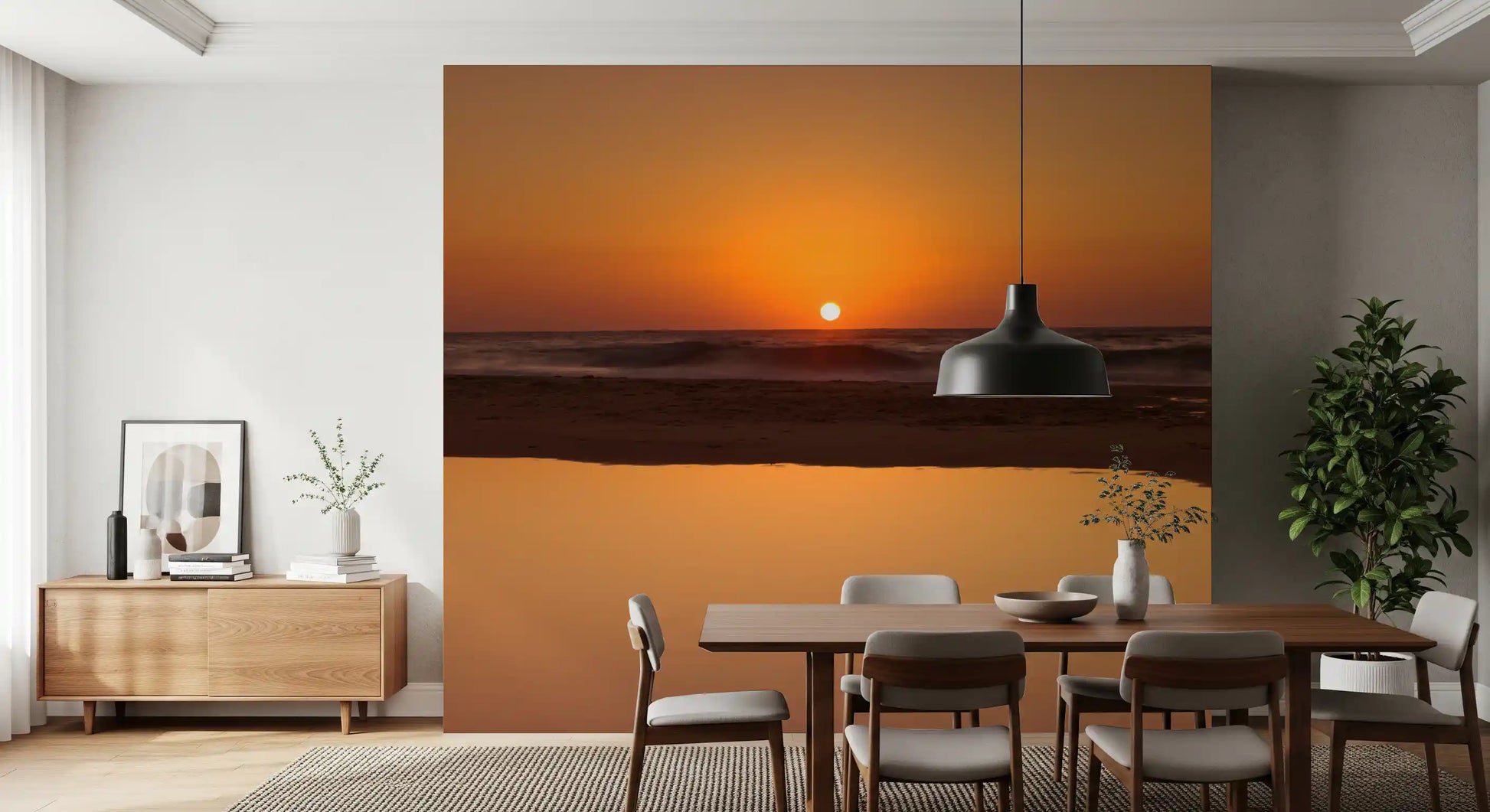 Dining room golden ocean sunset horizon wall mural glowing amber sky, GD9708
