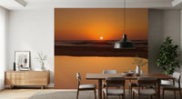 Dining room golden ocean sunset horizon wall mural glowing amber sky, GD9708