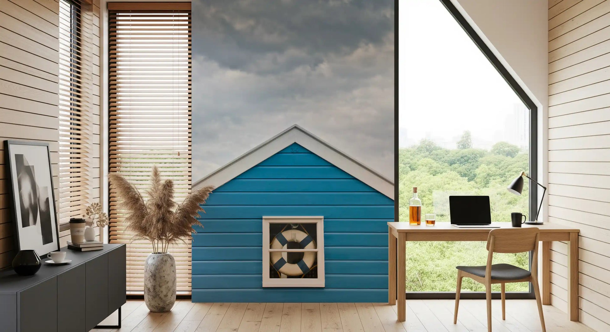 Blue Beach Hut Coastal Charm wall mural fitted in a Work area 