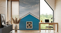 Blue Beach Hut Coastal Charm wall mural fitted in a Work area 