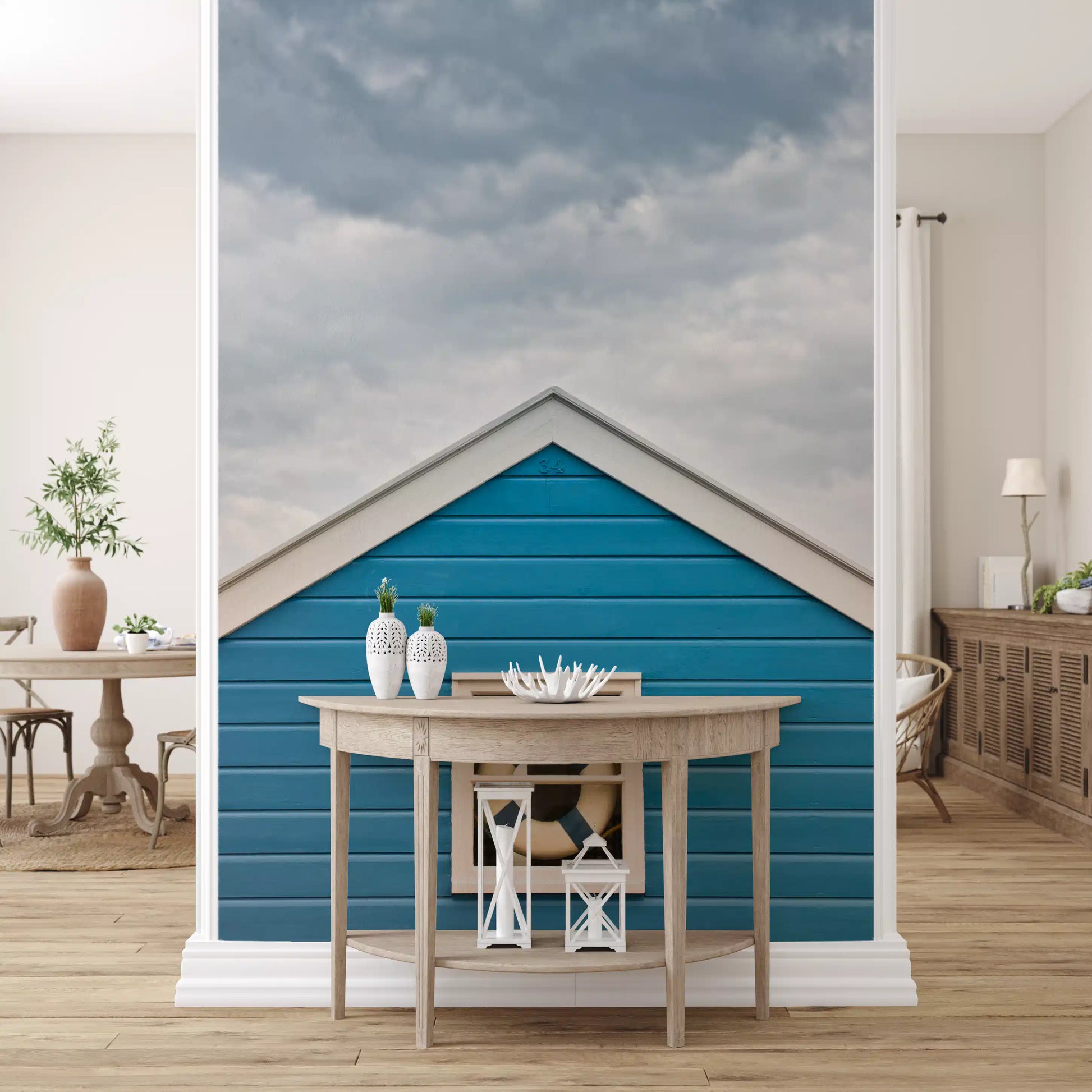 Seaside hut wall mural styled in a hallway area 