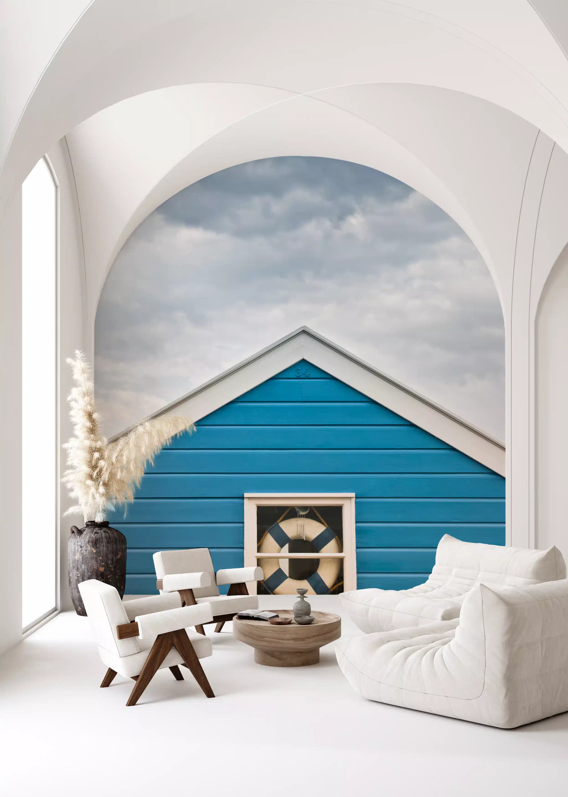 Coastal blue beach hut wall mural installed in an entryway