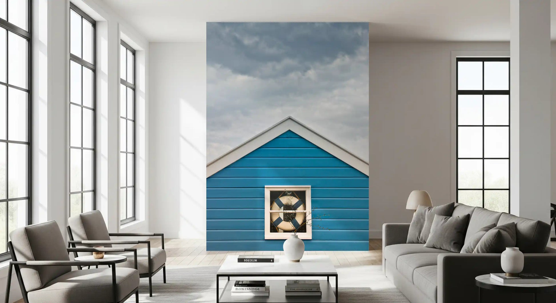Blue Beach Hut Coastal Charm wall mural showing a peaked gable and cloudy sky