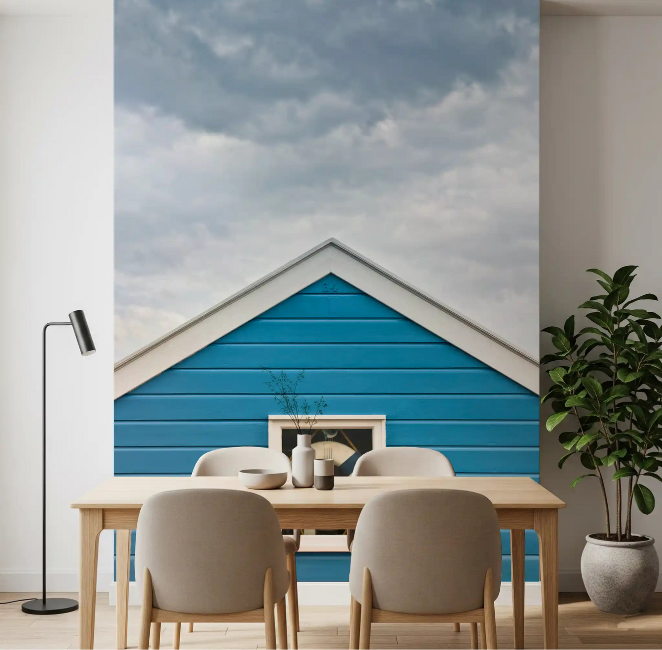 Blue Beach Hut Coastal wall mural displayed in a bright dining room