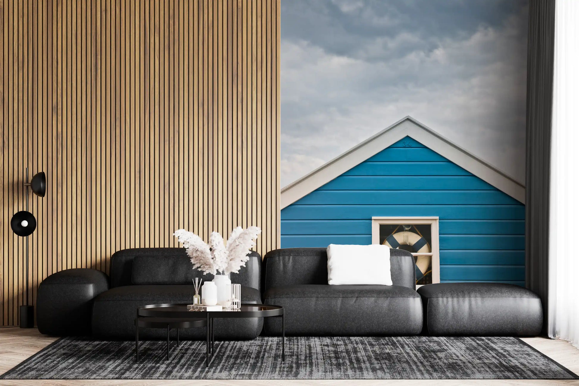 Overcast sky and timber planks in the Beach Hut Coastal wall mural