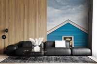 Overcast sky and timber planks in the Beach Hut Coastal wall mural