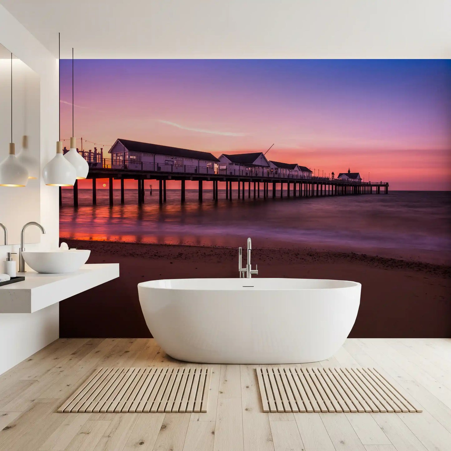 Deep purple and orange dusk sky sunset pier reverie wall mural image