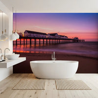 Deep purple and orange dusk sky sunset pier reverie wall mural image