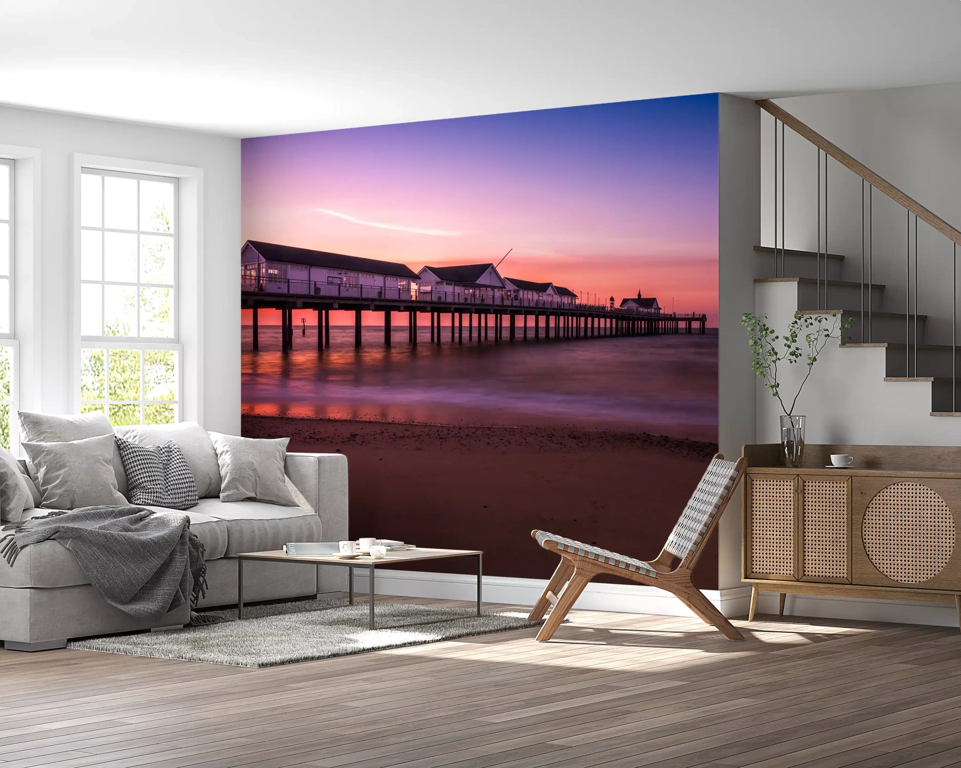 Lounge sunset pier reverie wall mural violet twilight seashore scene