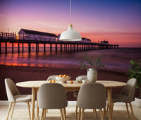 Dining room sunset pier reverie wall mural deep purple and orange sky
