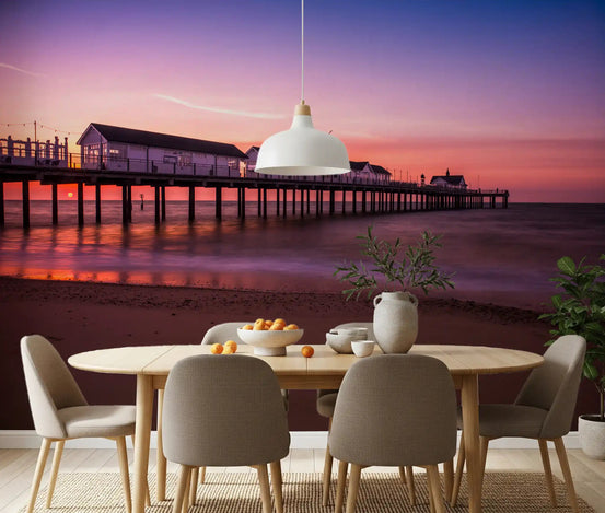 Dining room sunset pier reverie wall mural deep purple and orange sky, GD9710