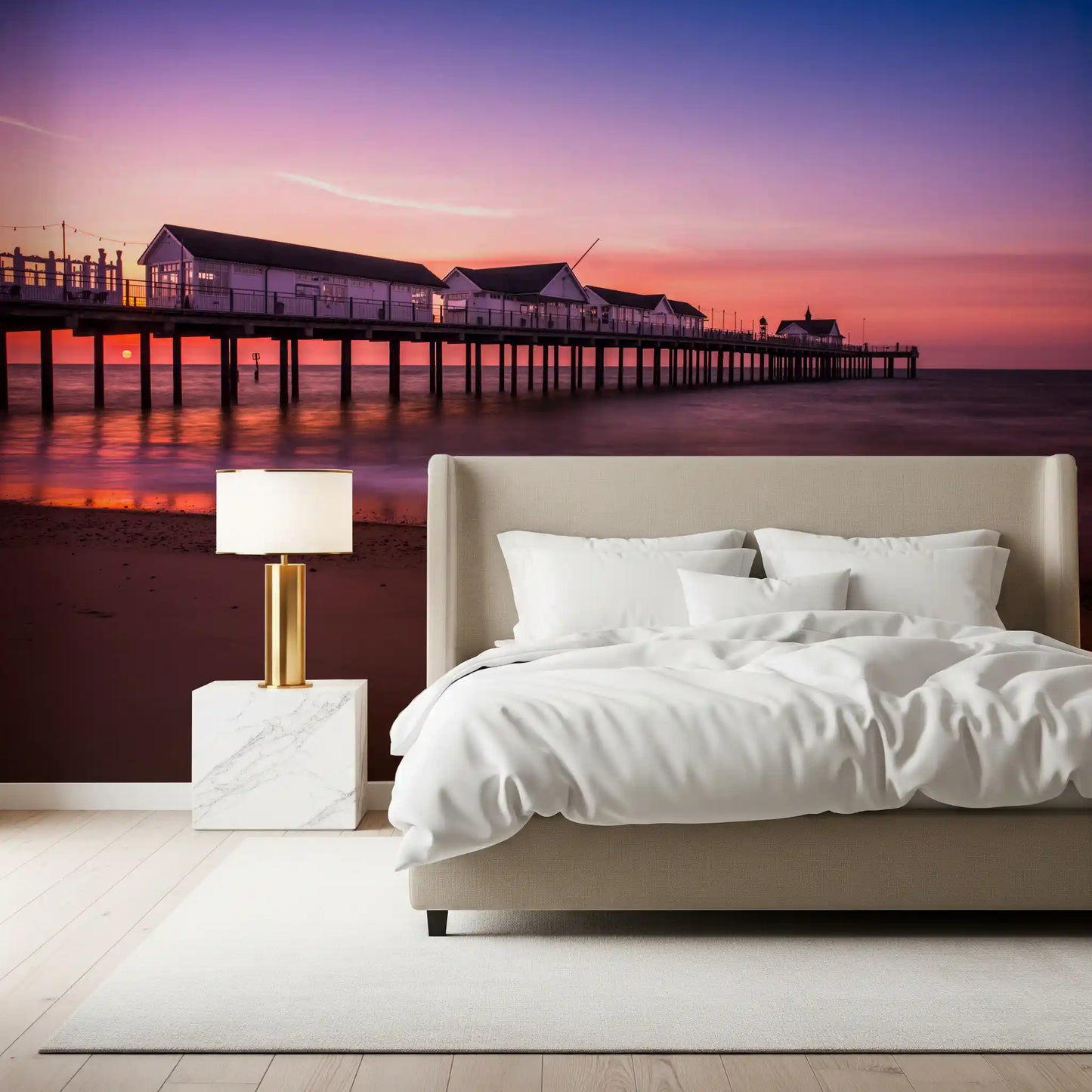 Sunset pier reverie wall mural purple violet sky over calm ocean water