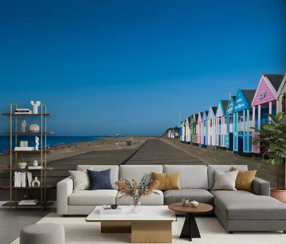 Living room colorful beach hut serenity wall mural with pastel coastal scene, GD9711