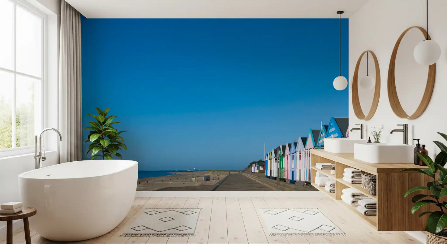 bathroom area  colorful beach hut serenity wall mural full display, GD9711