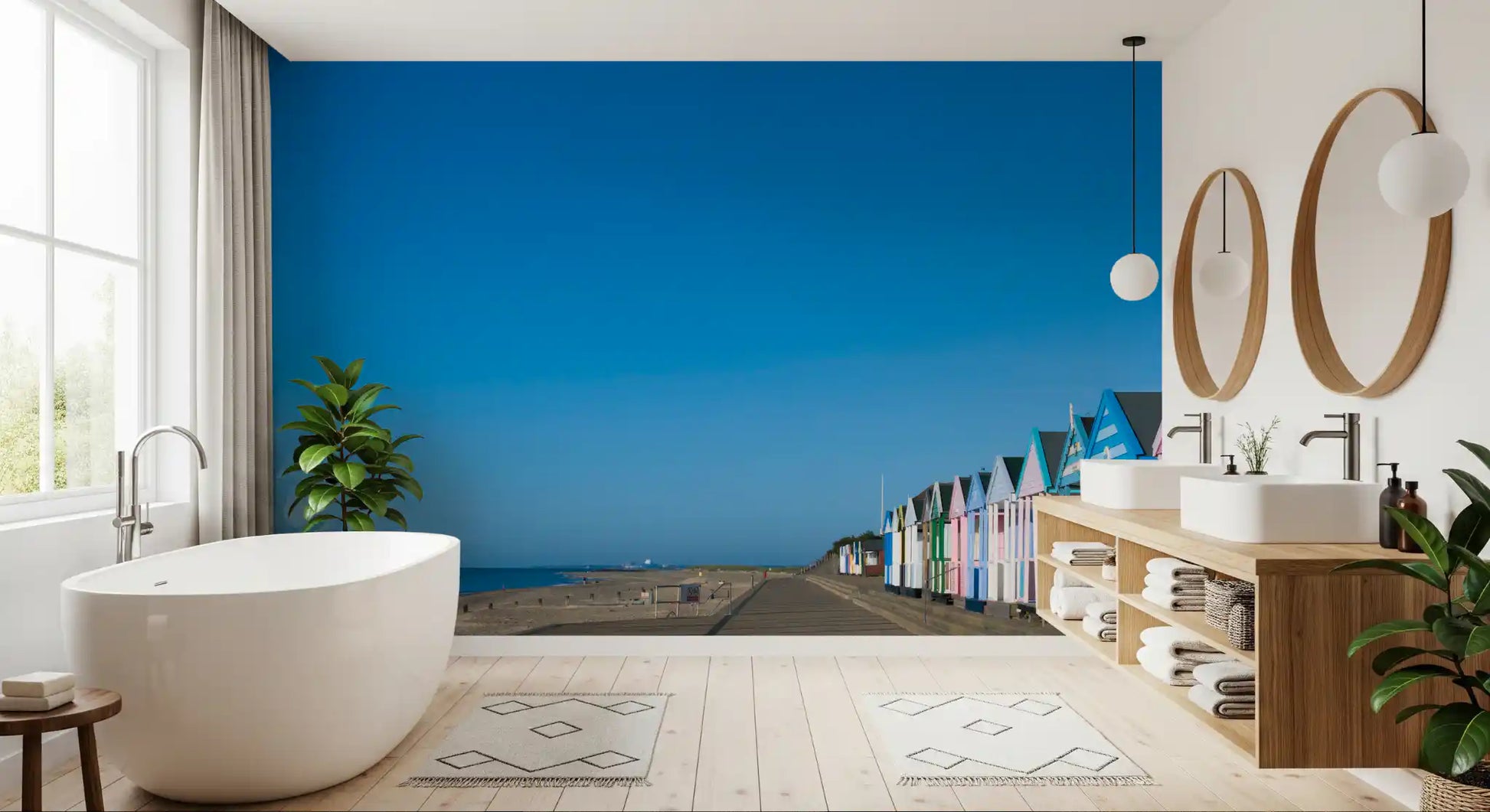 bathroom area  colorful beach hut serenity wall mural full display, GD9711