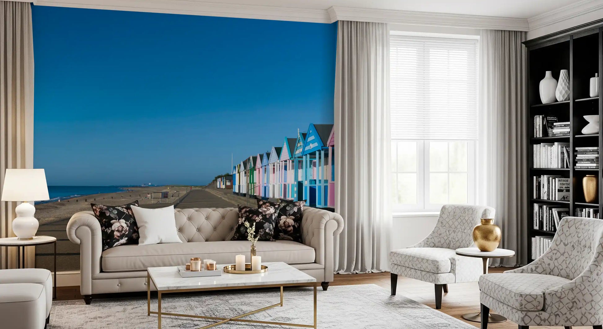 Beach hut serenity wall mural pink blue green painted facades by the sea, GD9711