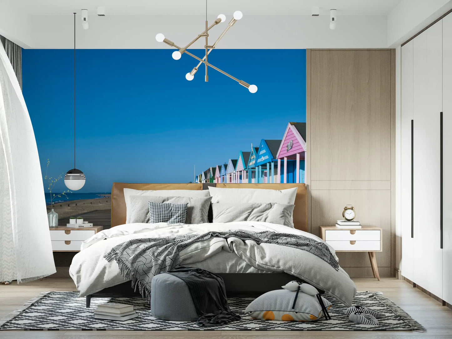 Bedroom pastel beach hut coastal wall mural bright blue sky backdrop, GD9711
